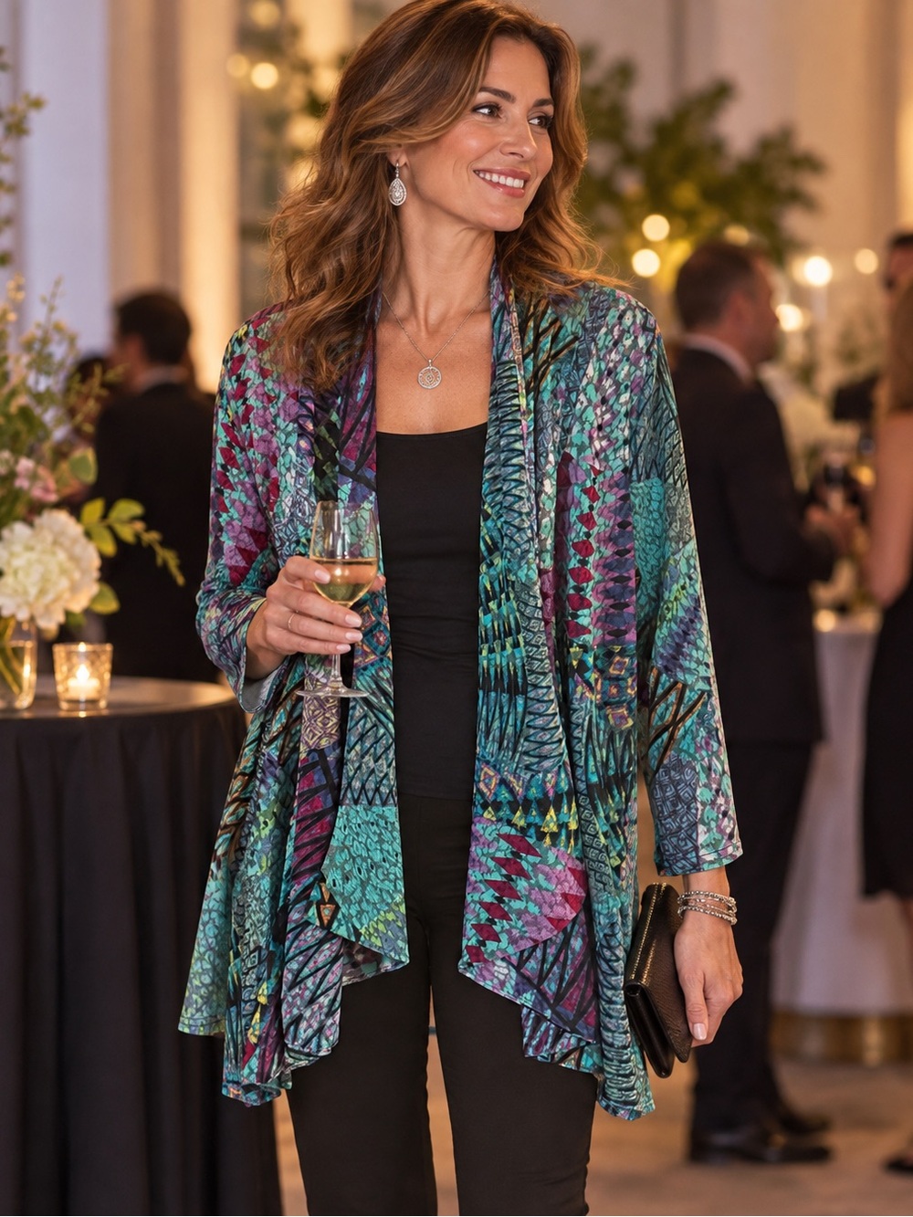 Peck & Peck XL Colorful Abstract Open Front Drape Cardigan Jacket Made in USA